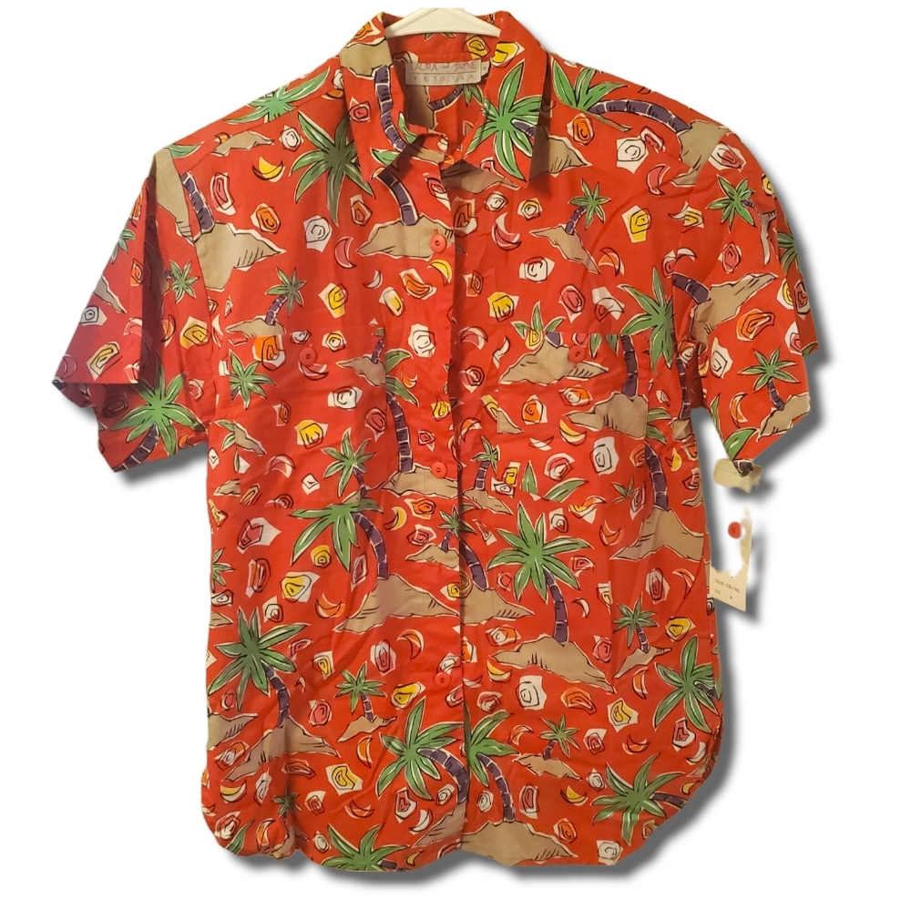 Laura and Jayne Petites 90s VTG Hawaiian Tropical Bright Red Button Down T-Shirt